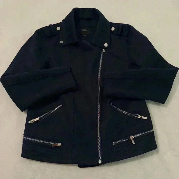 Liverpool Los Angeles Mystic Navy Moto Jacket Faux Suede Zips Women’s Size Small - Picture 3 of 14